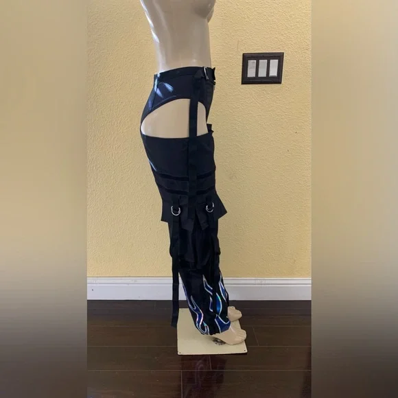 NAMILIA Size XS Black With Blue Flame Cut Out Moto Chaps Pants - Picture 2 of 7